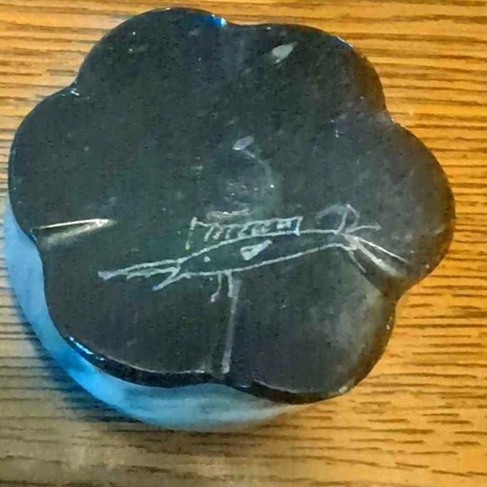 Carved Stone Trinket Dish with Black Lid Engraved with Fish